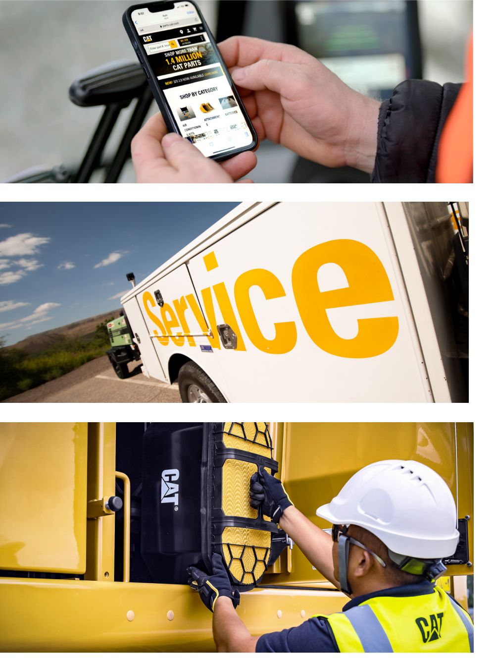 Person visiting parts.com on a phone, a dealer service trailer, a service tech replaces a part on a Cat machine