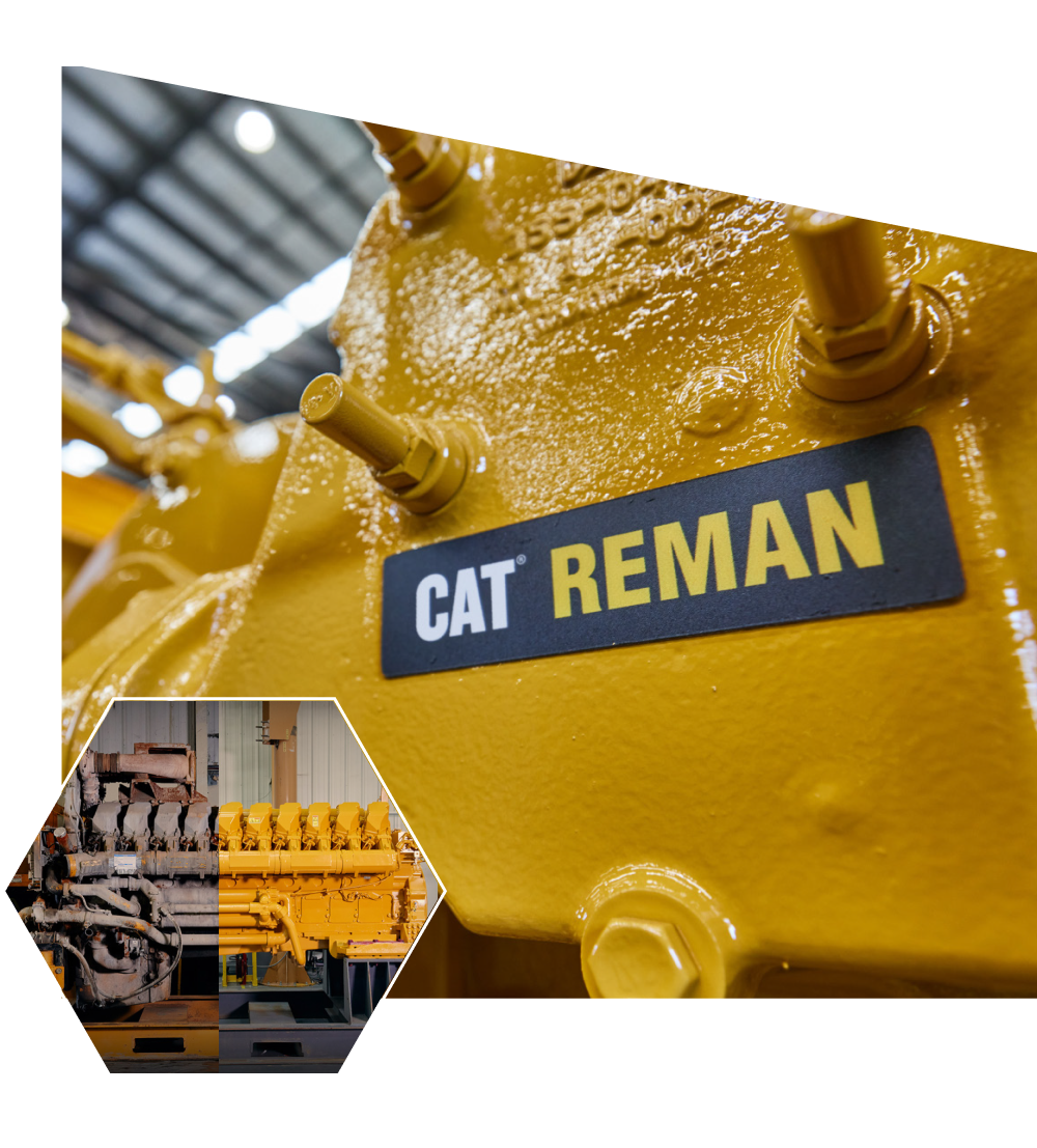 Yellow iron with Cat Reman decal and an image showing the before and after look of an engine having undergone remanufacturing
