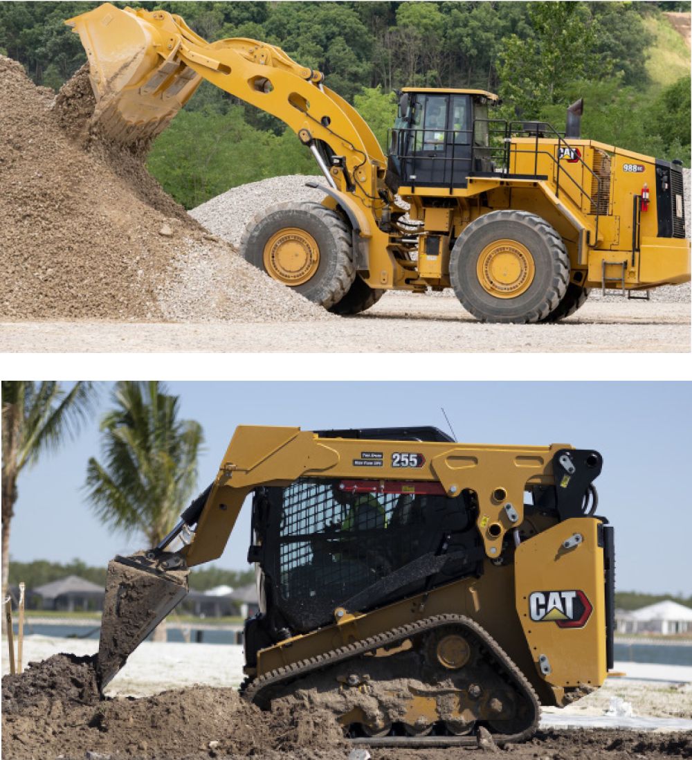 Cat 988 Wheel Loader dumps dirt on a pile, Cat 255 Compact Track Loader dumps dirt