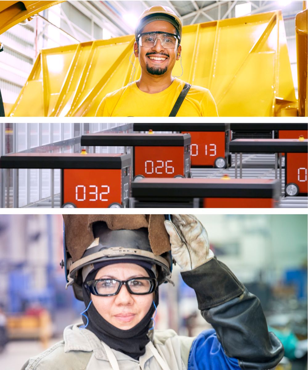 A male employee wearing safety gear stands on the production floor, a female employee wearing welding gear welds