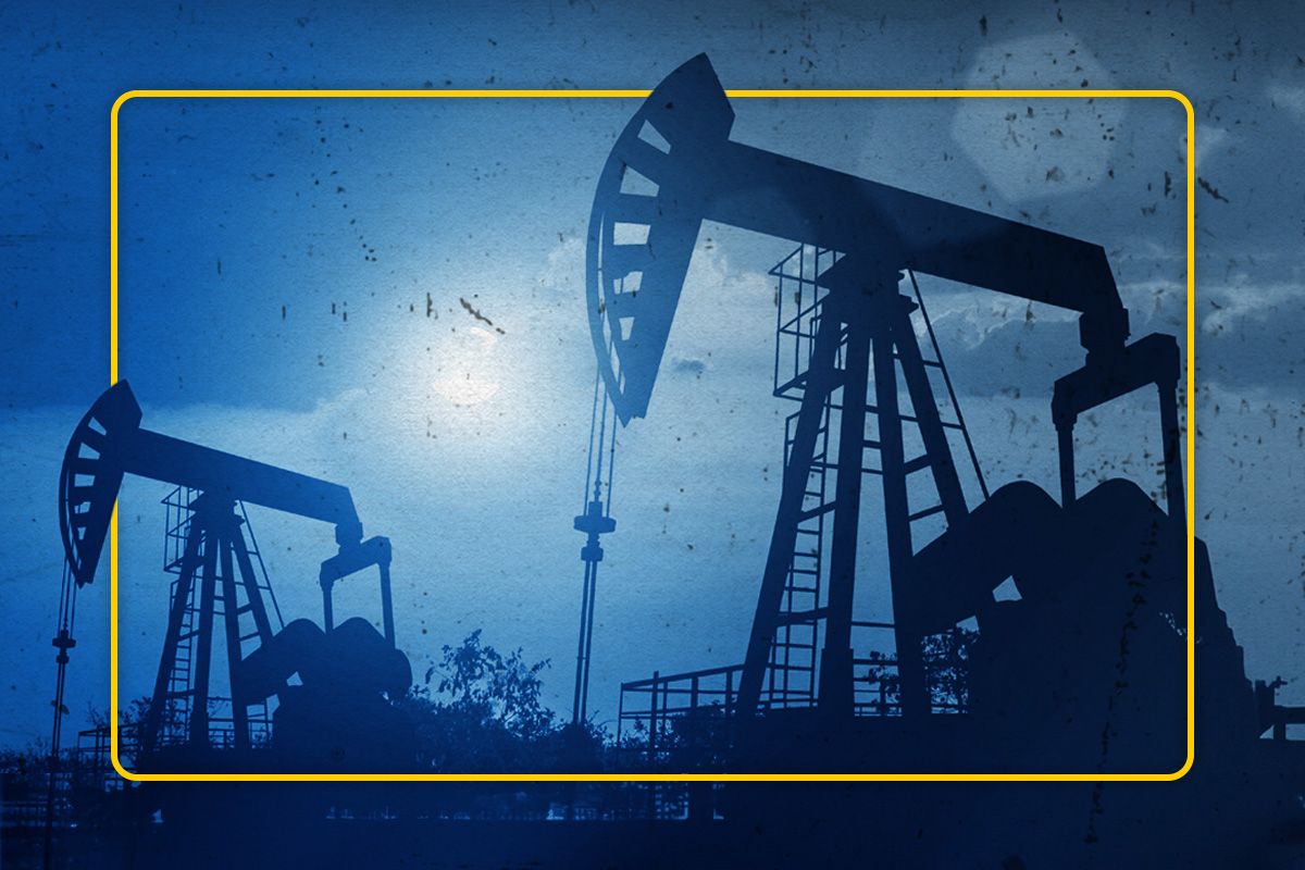 Two oil derricks with sun and clouds in the background shaded in blue