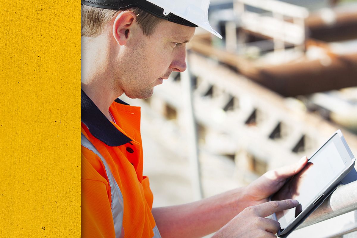 Close up of Cat worker in PPE looking at data on an iPad