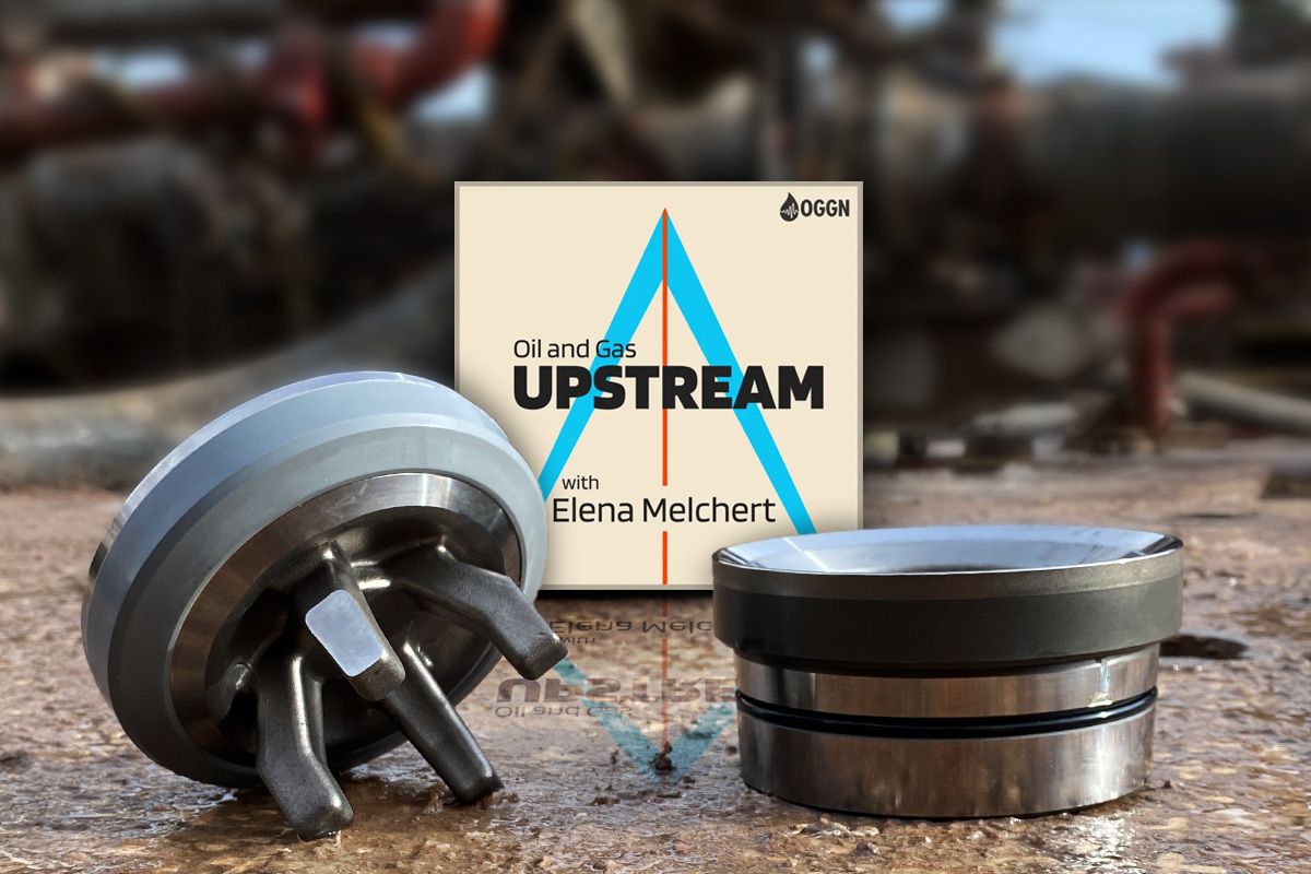 Oil and Gas Upstream Podcast with Elena Merchant sign next to SPM EdgeX valves