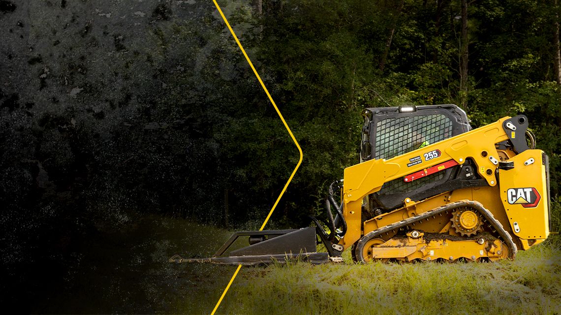 Compact track loader in grass with arrow graphic