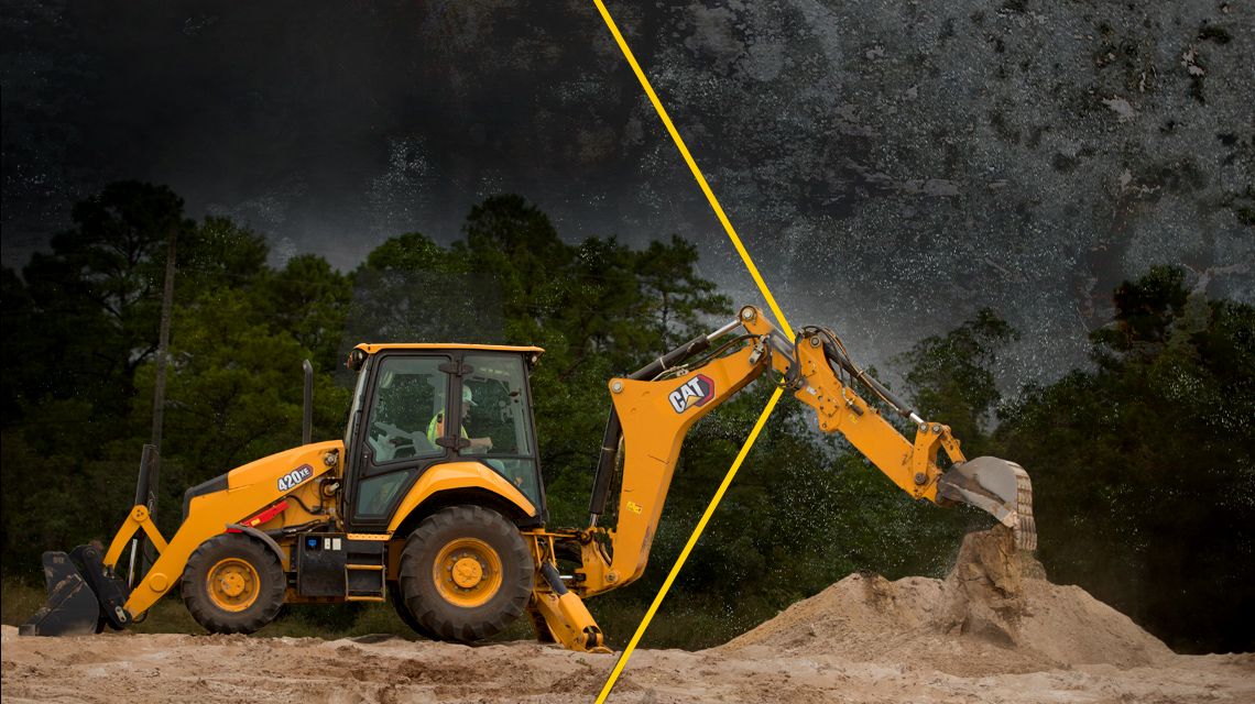 Backhoe loader dumping dirt with arrow graphic