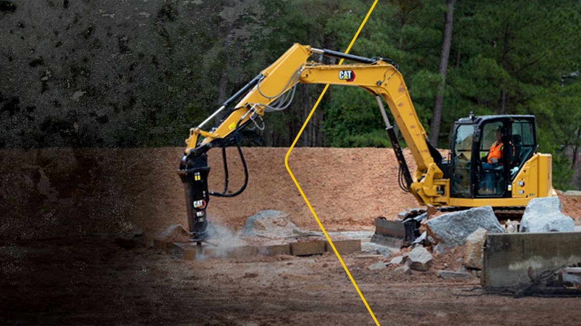 Mini excavator with auger attachment and graphic arrow