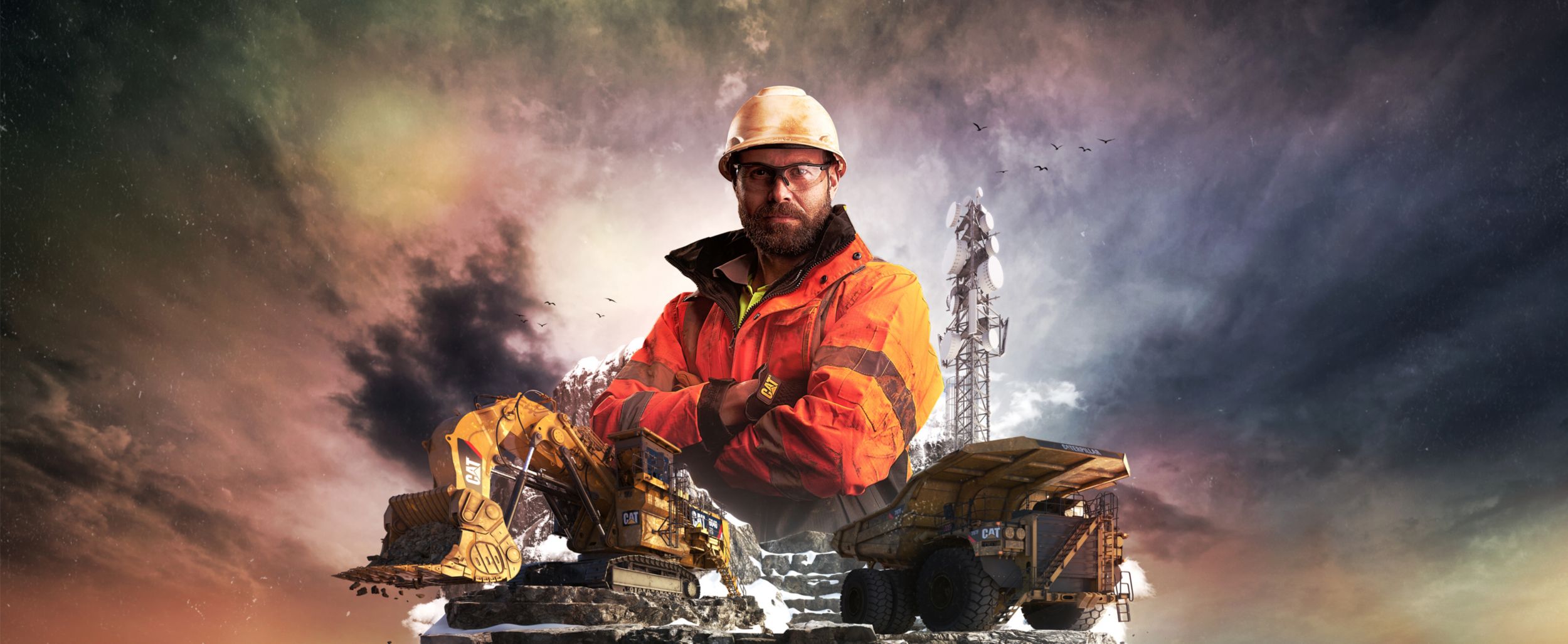 collage épico de operador con dos máquinas de minería