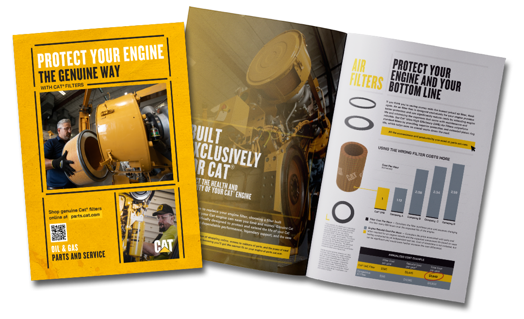 Front cover and inside view of Genuine Cat Filters Brochure