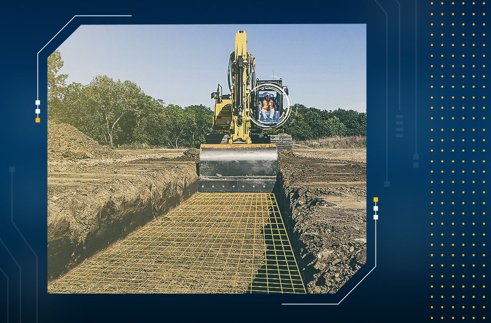 Excavator with graphics representing 3D Grade functionality