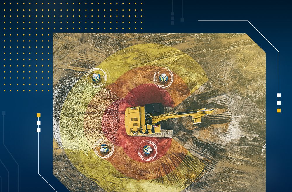 Excavator with graphics representing detect functionality