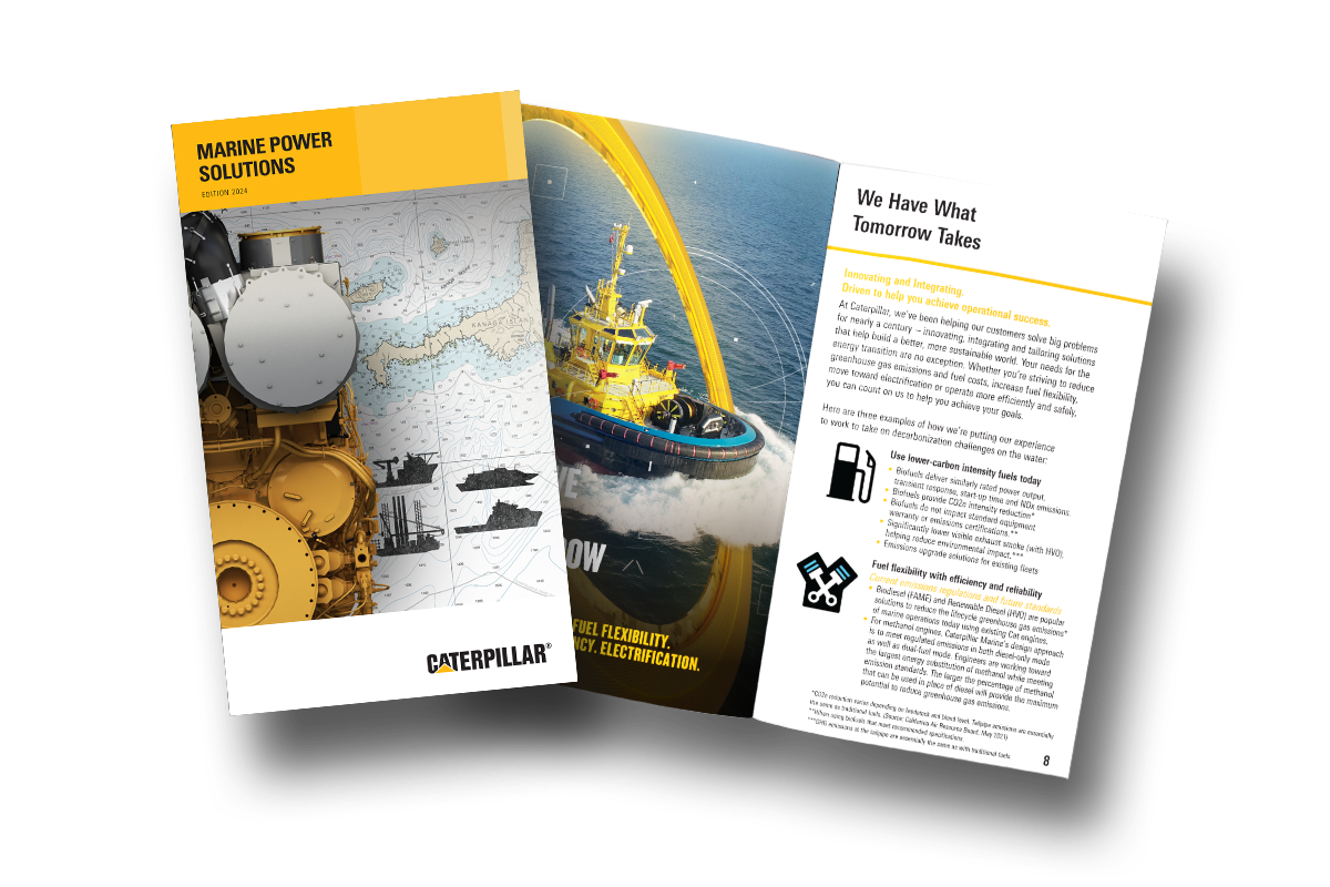 Front cover and inside view of Marine Power Solutions Brochure