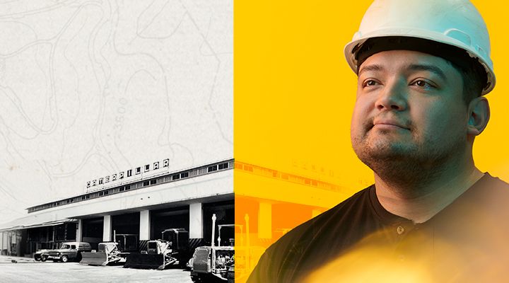Portrait of a man in a hardhat next to a historical dealership photo