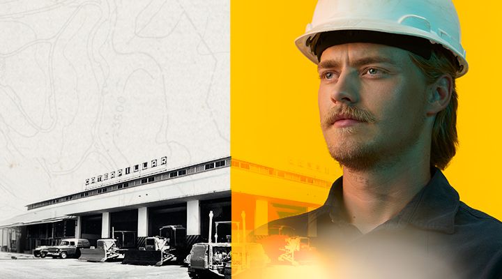 Portrait of a man in a hardhat next to a historical dealership photo