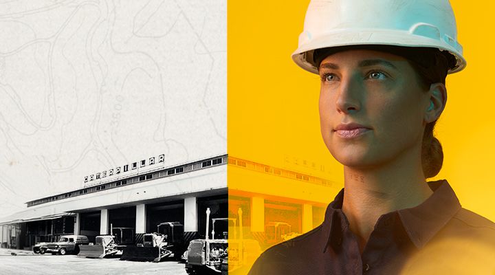 Portrait of a woman in a hardhat next to a historical dealership photo