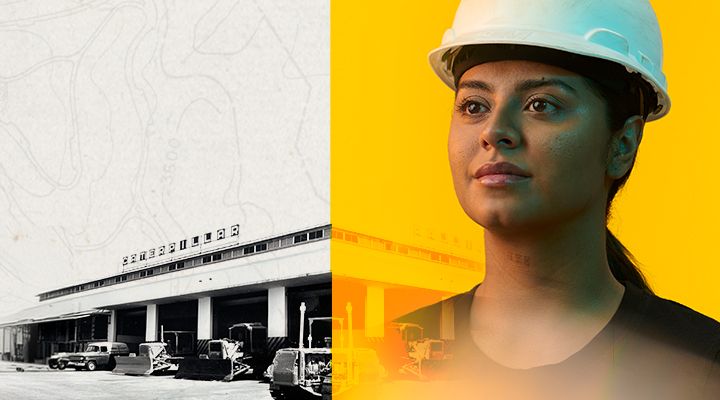 Portrait of a woman in a hardhat next to a historical dealership photo