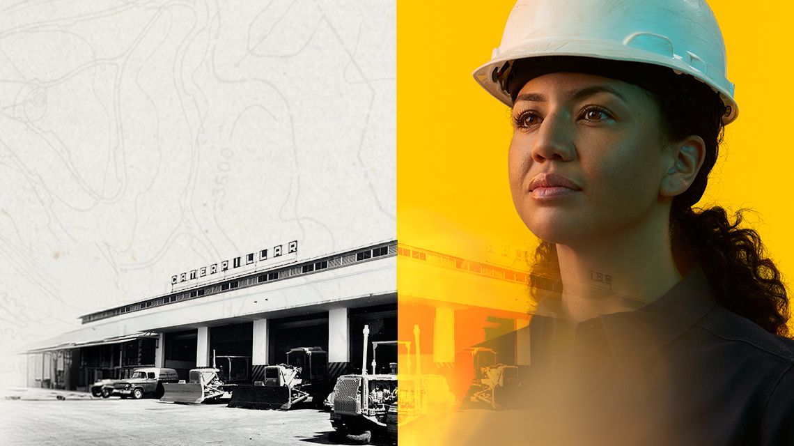 Portrait of a woman in a hardhat next to a historical dealership photo