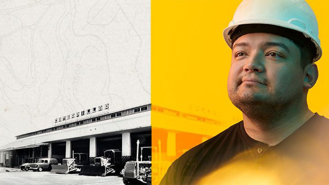 Retrato de uma mulher usando capacete ao lado de uma foto histórica de um revendedor