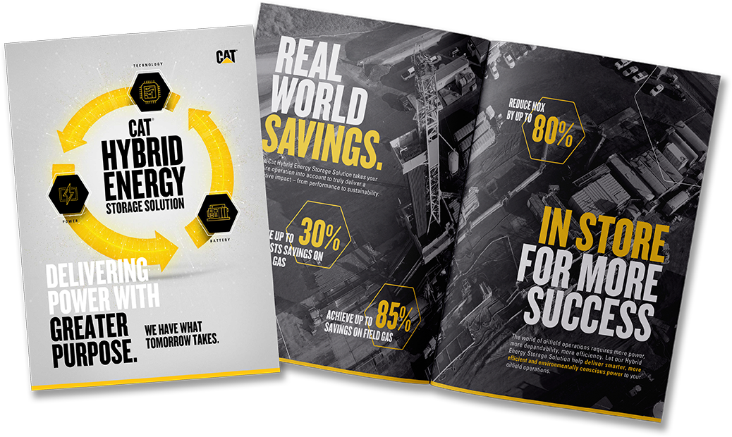 Front cover and inside view of the Caterpillar Oil & Gas Hybrid Energy Solution brochure