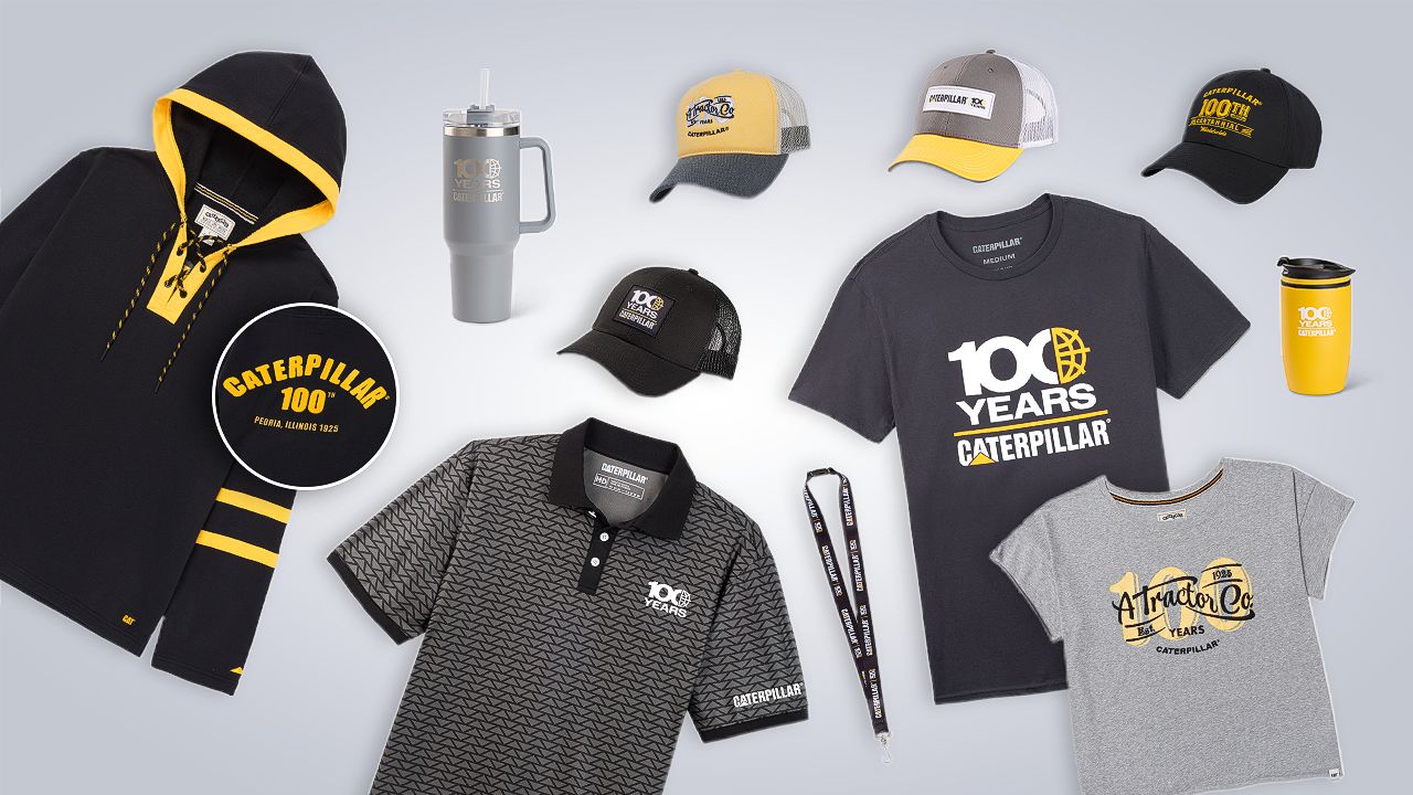 A collage of Caterpillar 100th anniversary gifts and apparel, including shirts, hats and mugs