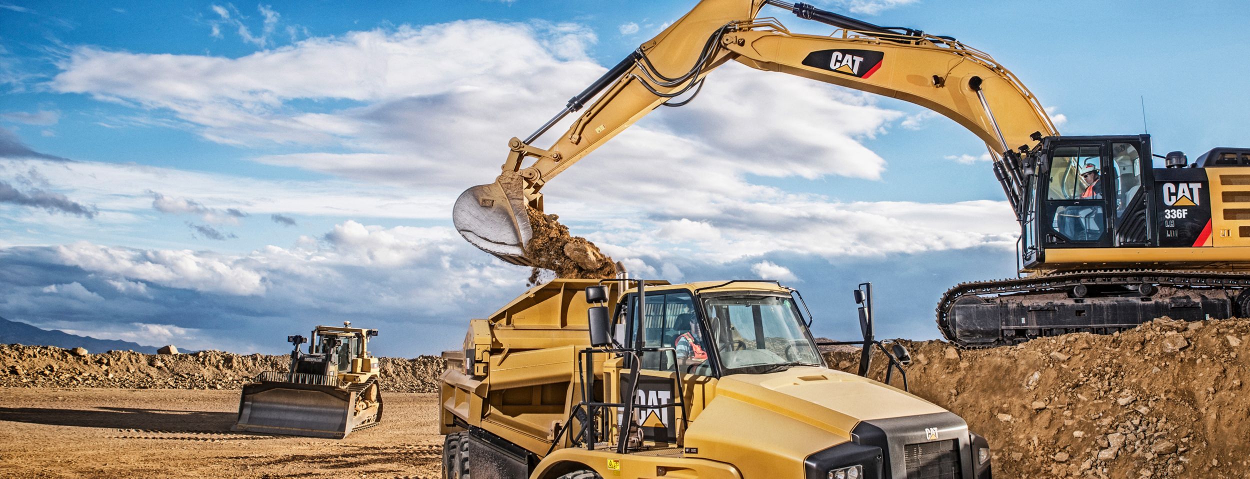 Construction site with a dozer, excavator and articulated truck working