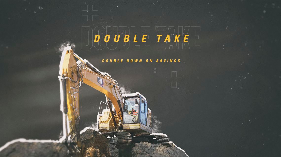 Excavator with "Double Take" text graphic