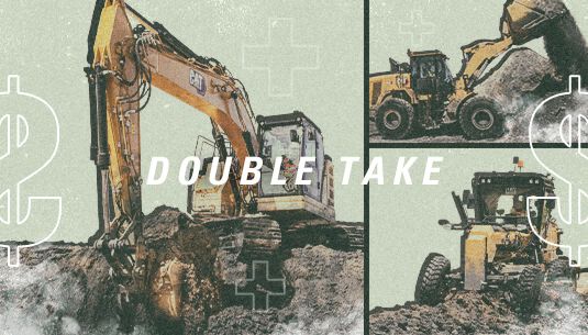 Wheel loader, excavator, and motor grader with "Double Take" text graphic