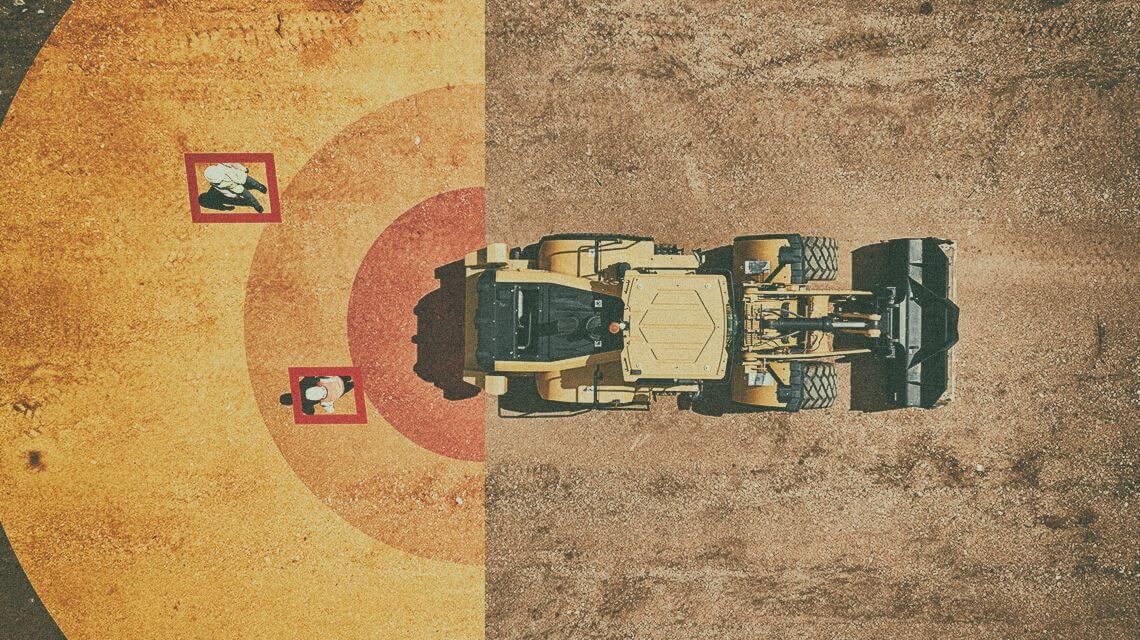 Wheel loader with graphics displaying Cat Detect technology