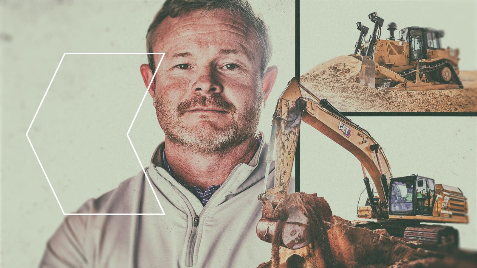 Dozer, excavator, and person with arrow graphic