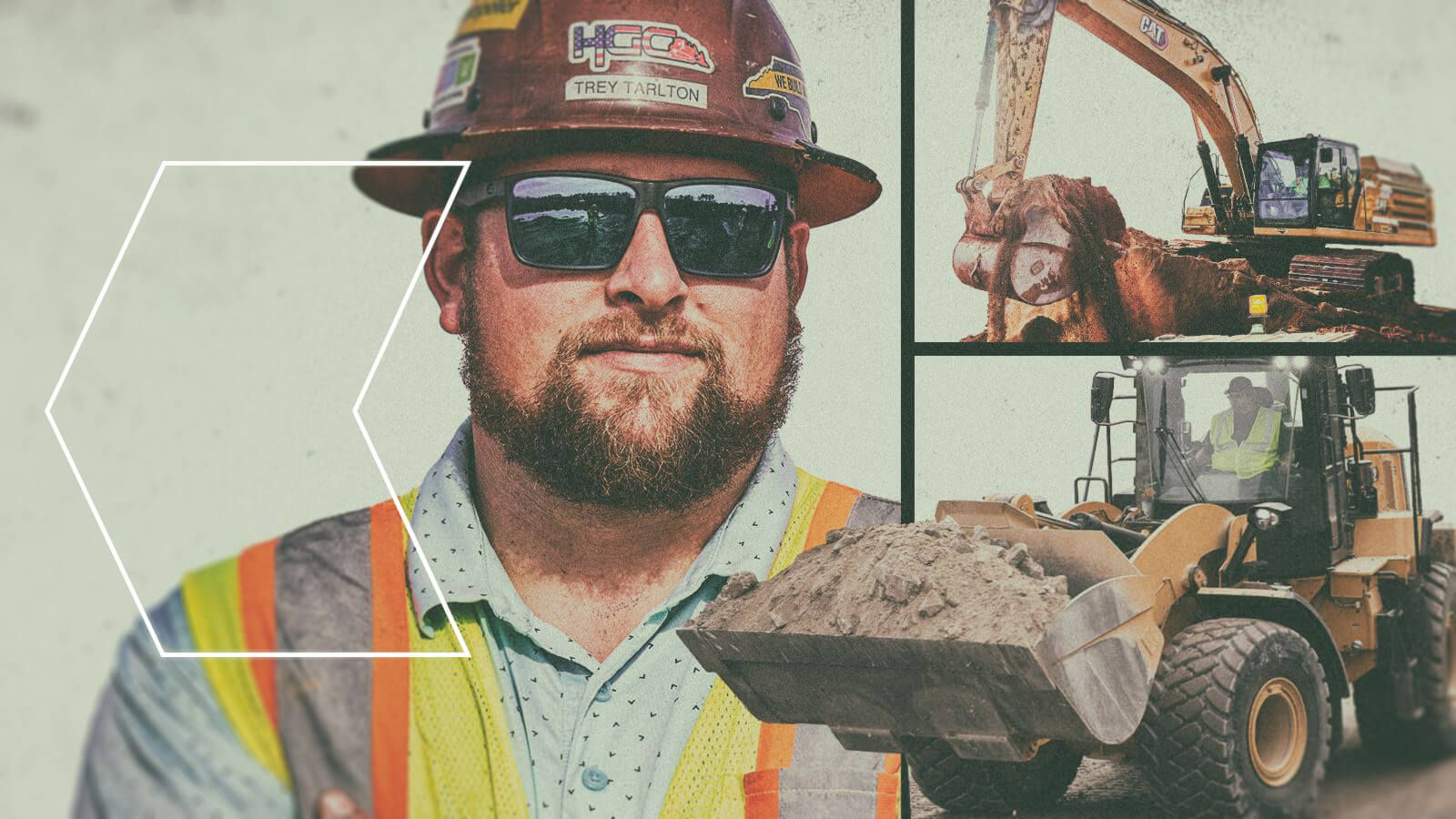 Wheel loader, person, and excavator with arrow graphic