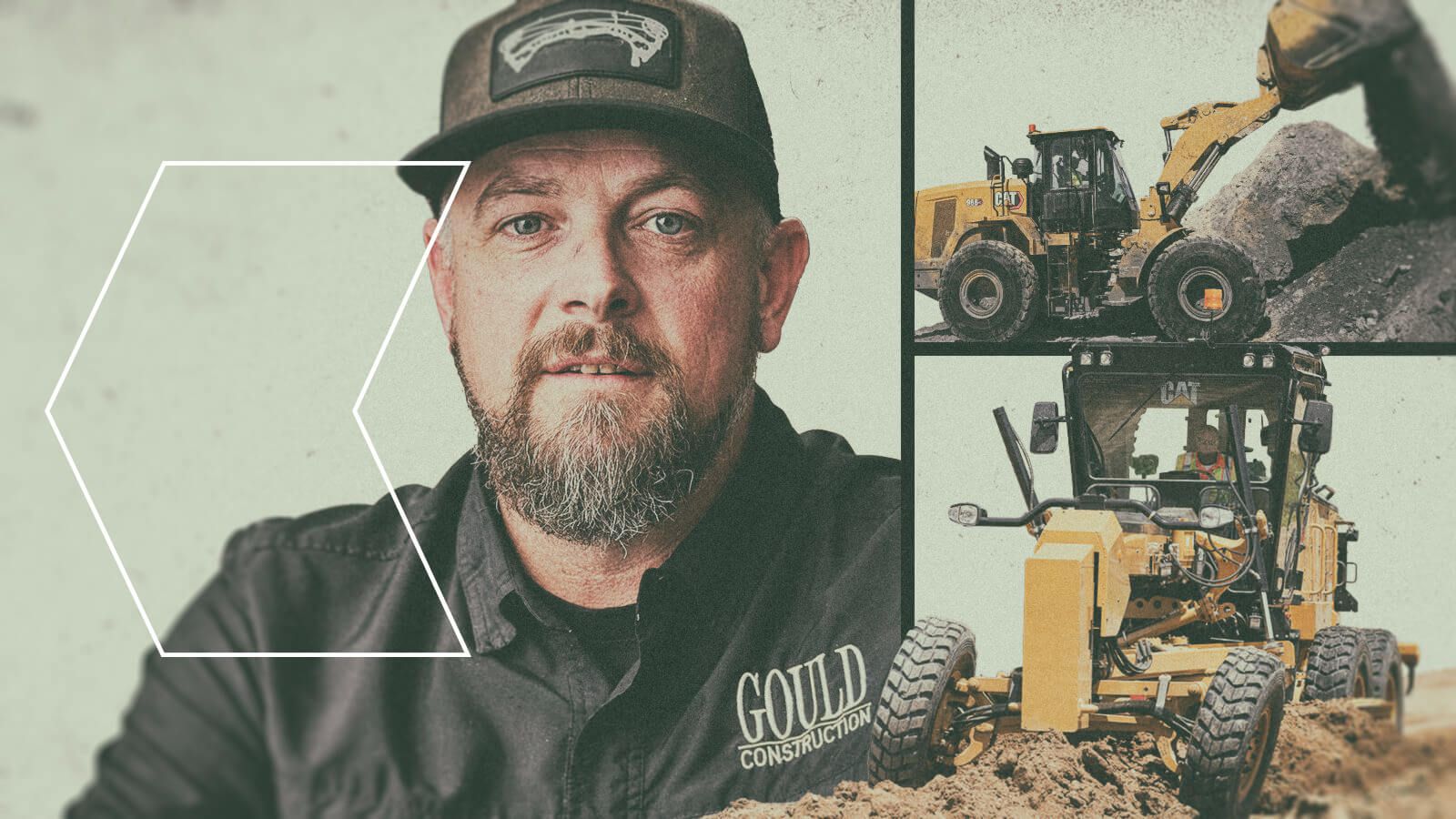 Person, motor grader, and excavator with arrow graphic