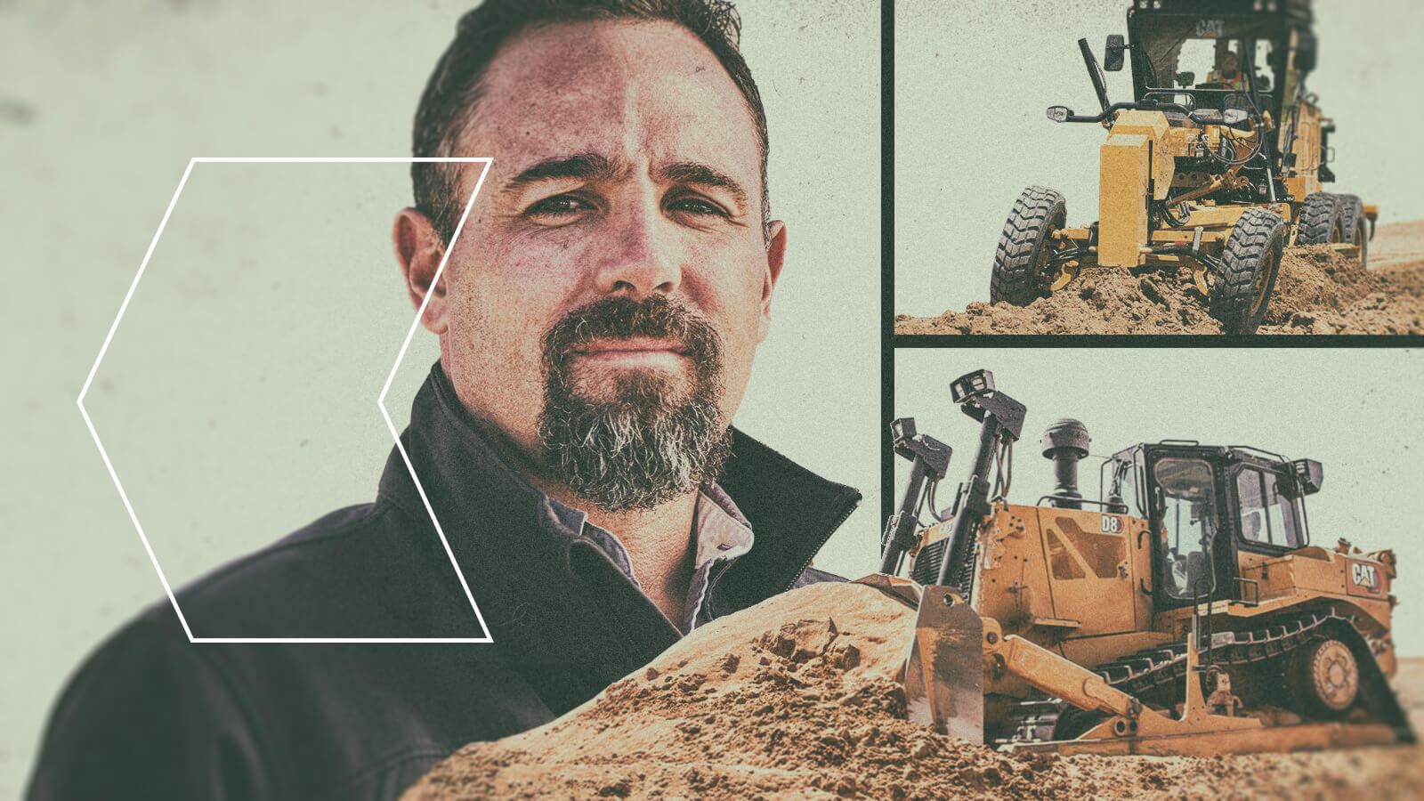 Dozer, motor grader, and Mark Gould Jr. with arrow graphic