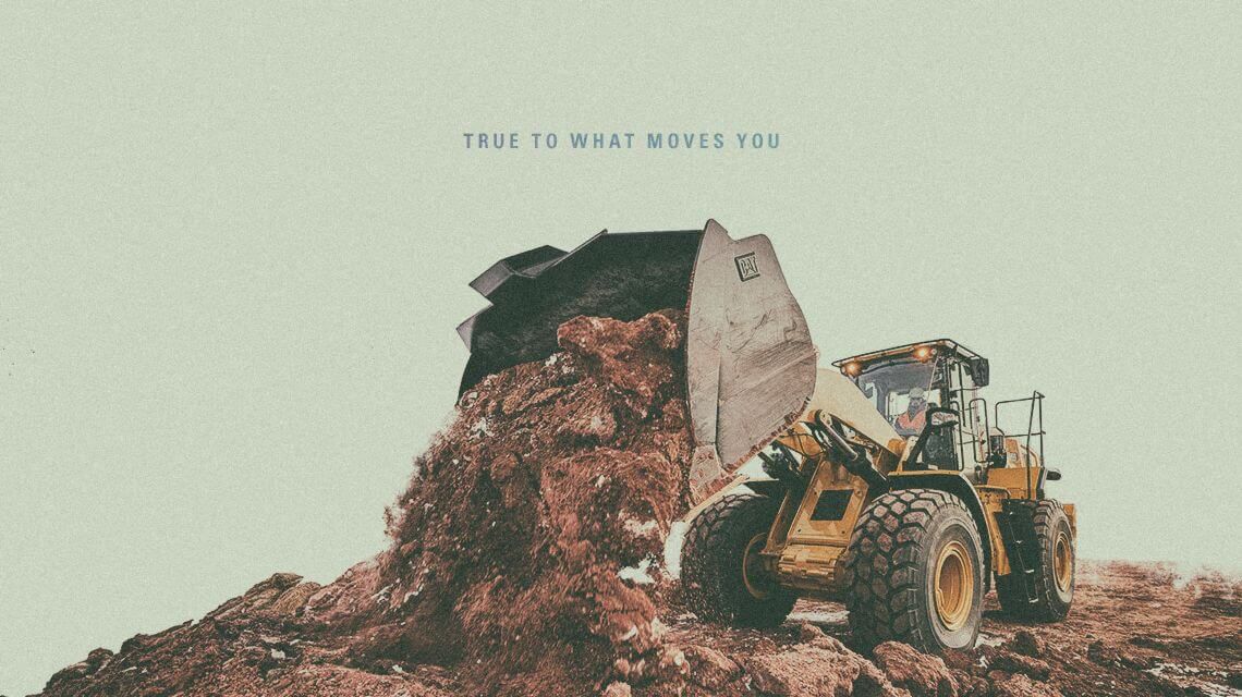 966 Wheel Loader emptying bucket with "True to What Moves You" text graphic