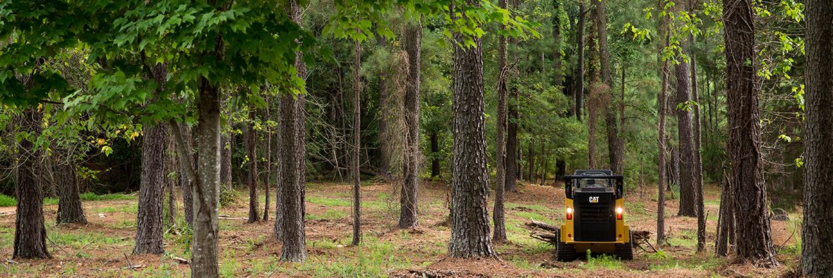 skid steer loader operating in a forest