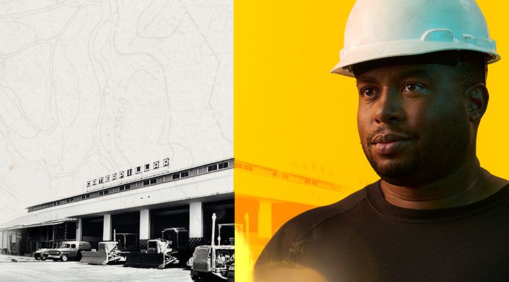 Portrait of a man in a hardhat next to a historical dealership photo