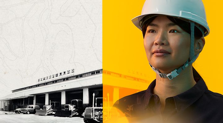 Portrait of a woman in a hardhat next to a historical dealership photo