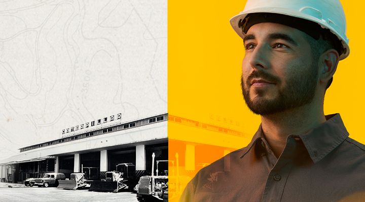 Portrait of a man in a hardhat next to a historical dealership photo