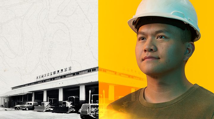 Portrait of a man in a hardhat next to a historical dealership photo
