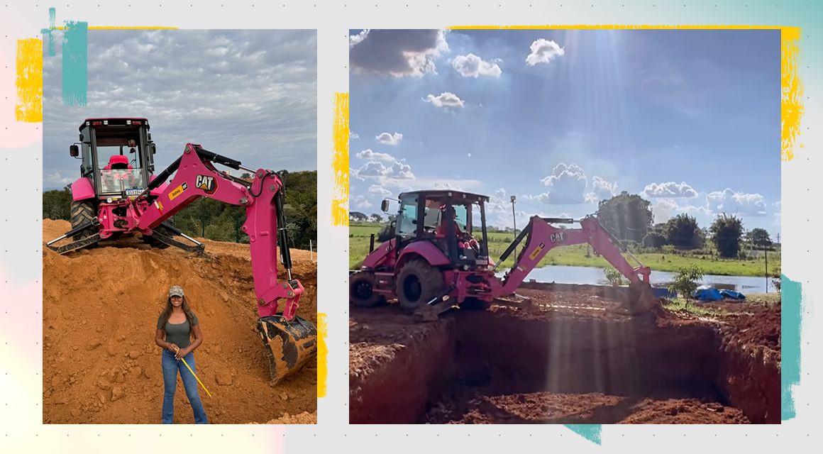 Daiane Silva with a pink Cat excavator