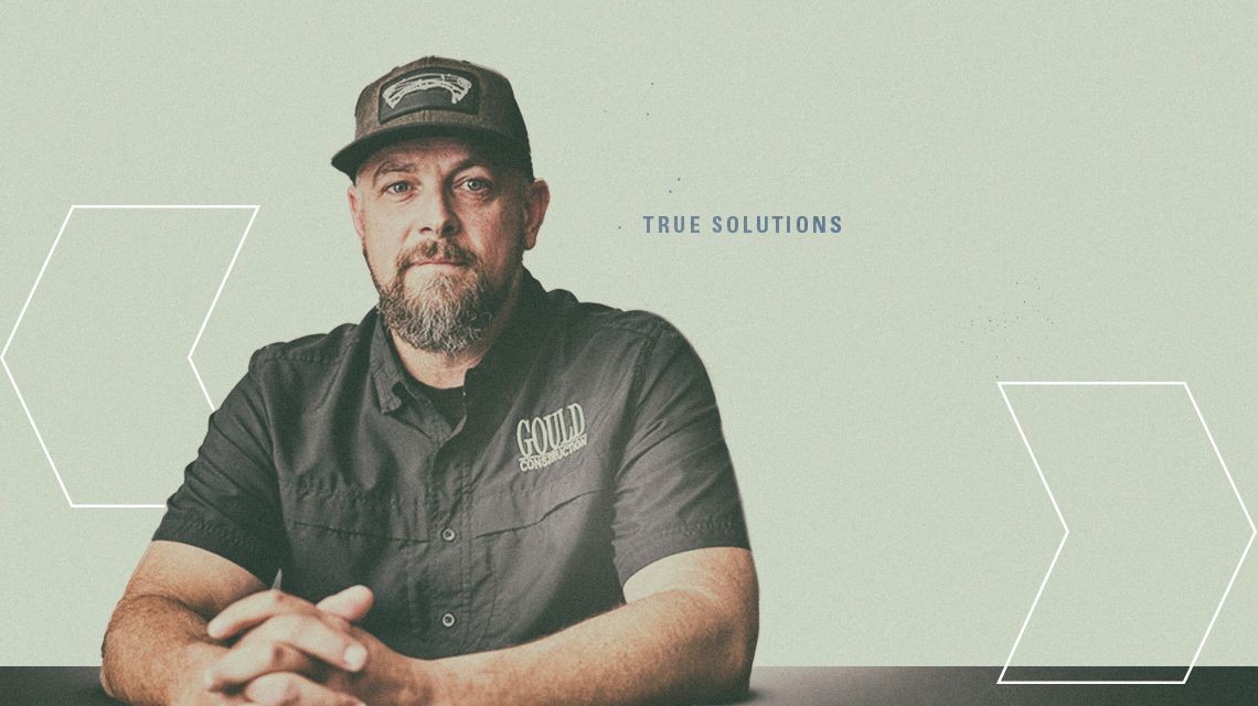 "True Solutions" copy with images of Dave Metrovich (General Superintendent of Gould Construction), a D6 Dozer, and a 906 Compact Wheel Loader