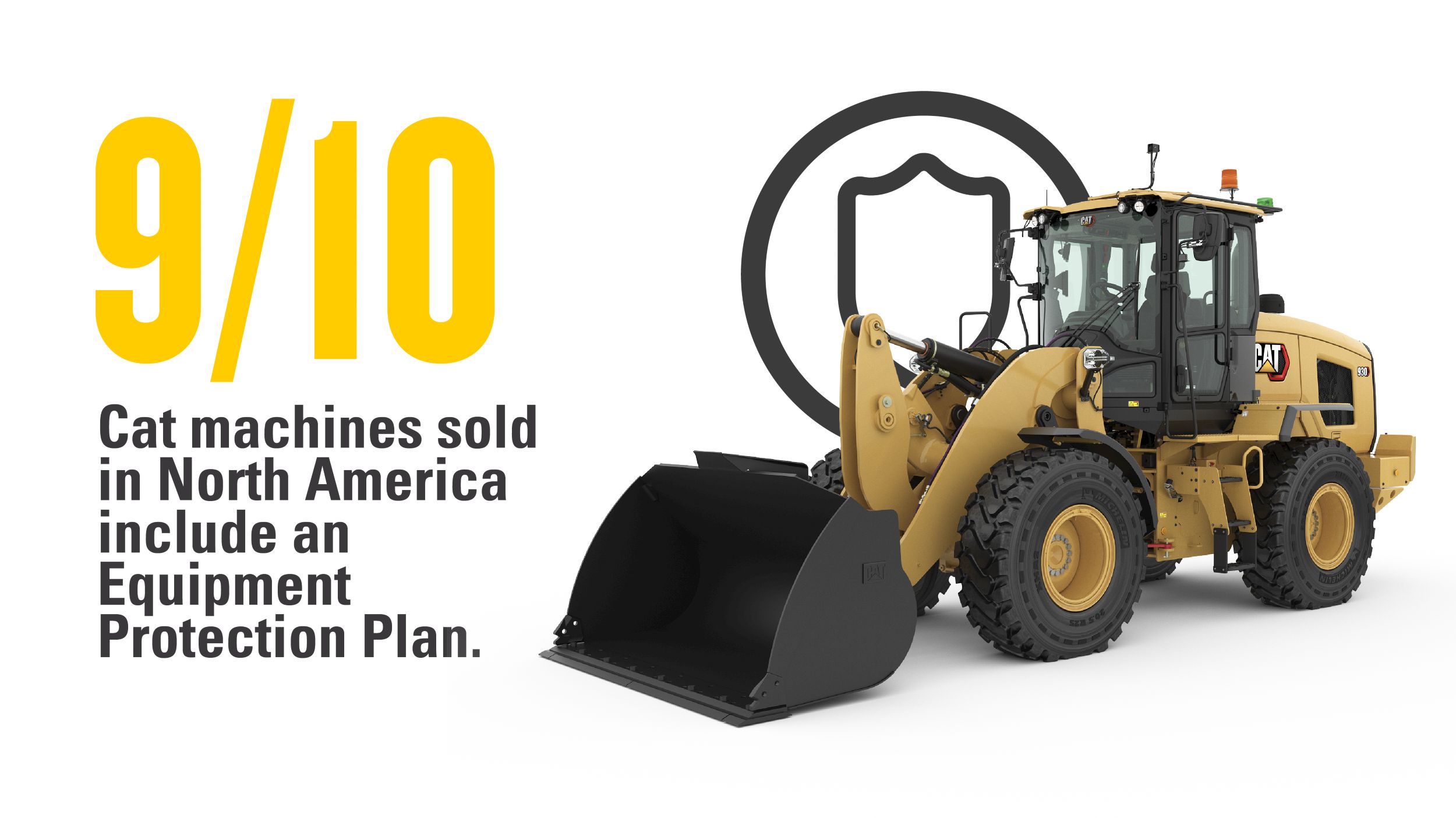 "9out of 10 Cat machines sold in North America include an Equipment Protection Plan" next to a machine