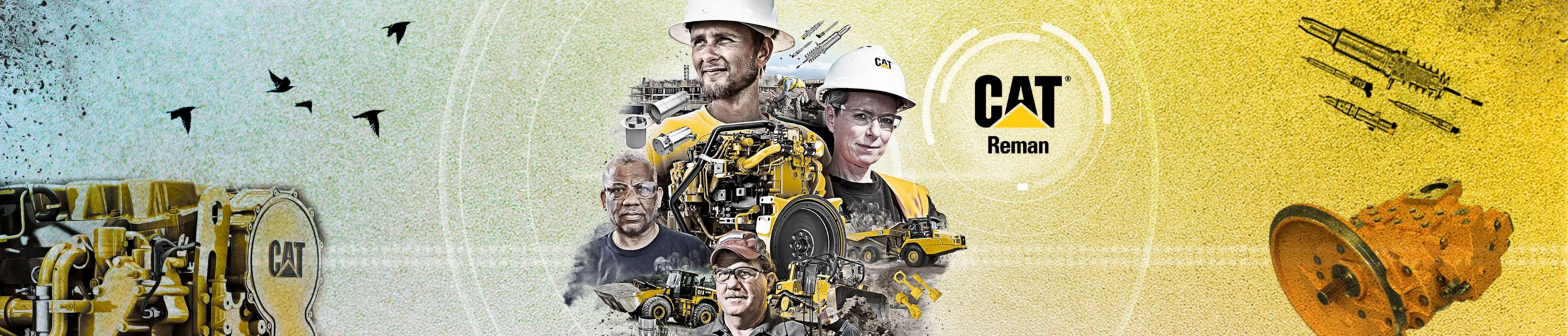 Le texte "Cat® Reman" se trouve à côté d&apos;un collage qui représente quatre personnes – trois en EPI, une avec une casquette Cat – ainsi que des pièces Cat remanufacturées et des équipements Cat sur un chantier.