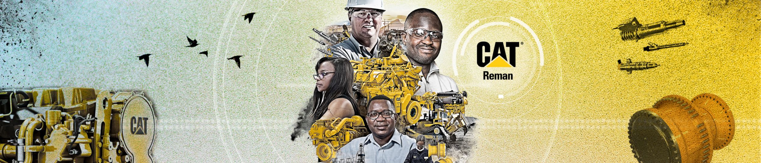 The text "Cat® Reman" stands beside a collage that prominently features four individuals –– three in PPE, one in a Cat hat –– as well as remanufactured Cat parts and Cat equipment on a jobsite.