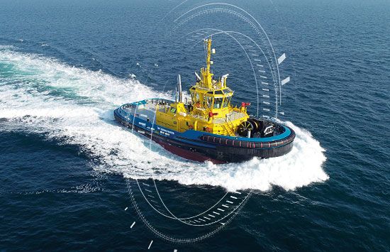 Tug boat traveling through water