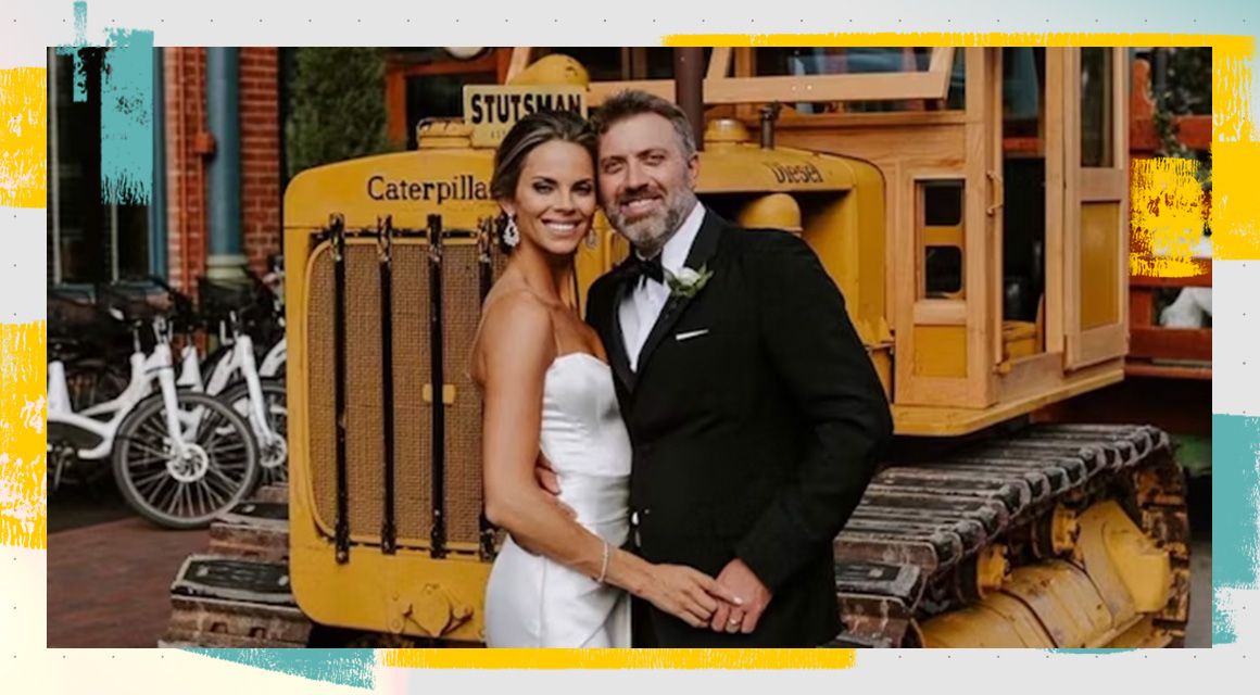 Stutsman family wedding photo in front of a vintage Cat machine