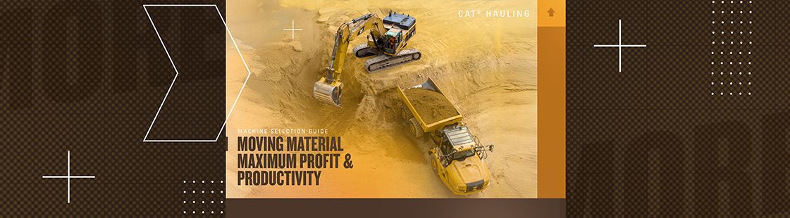 2 hauling machines on a worksite, with "Machine Selection Guide: Moving Material, Maximum Profit & Productivity" embedded on the image