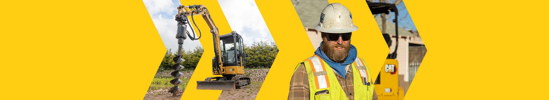 Mini escavadeira no campo com trabalhador da construção