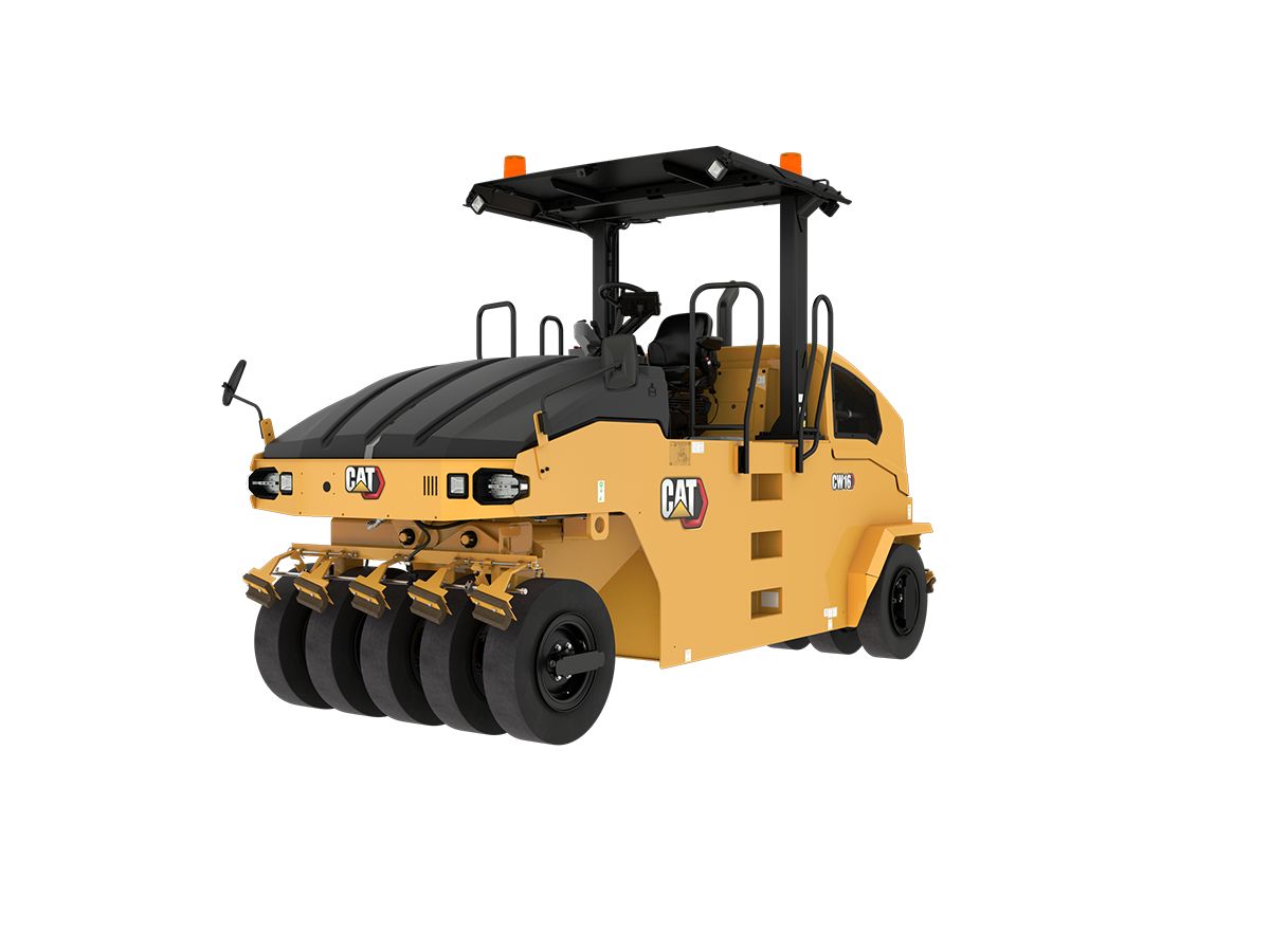 The Cat® CW16 is a standard 9-wheel Pneumatic Roller with an operating weight range of 5200 kg to 15 000 kg (11,164 lb - 33,069 lb) and compaction width of 1754 mm (69"). An optional 11-wheel option increases the compaction width to 2132 mm (84").