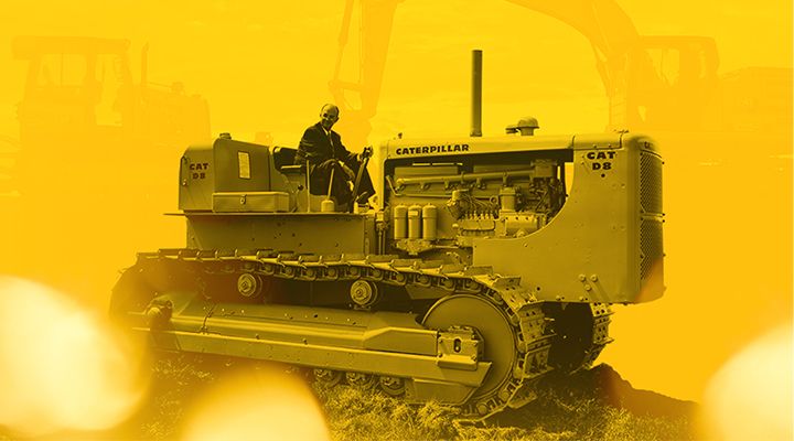 Historic photo of man on a dozer with a yellow background with the Caterpillar 100 years logo