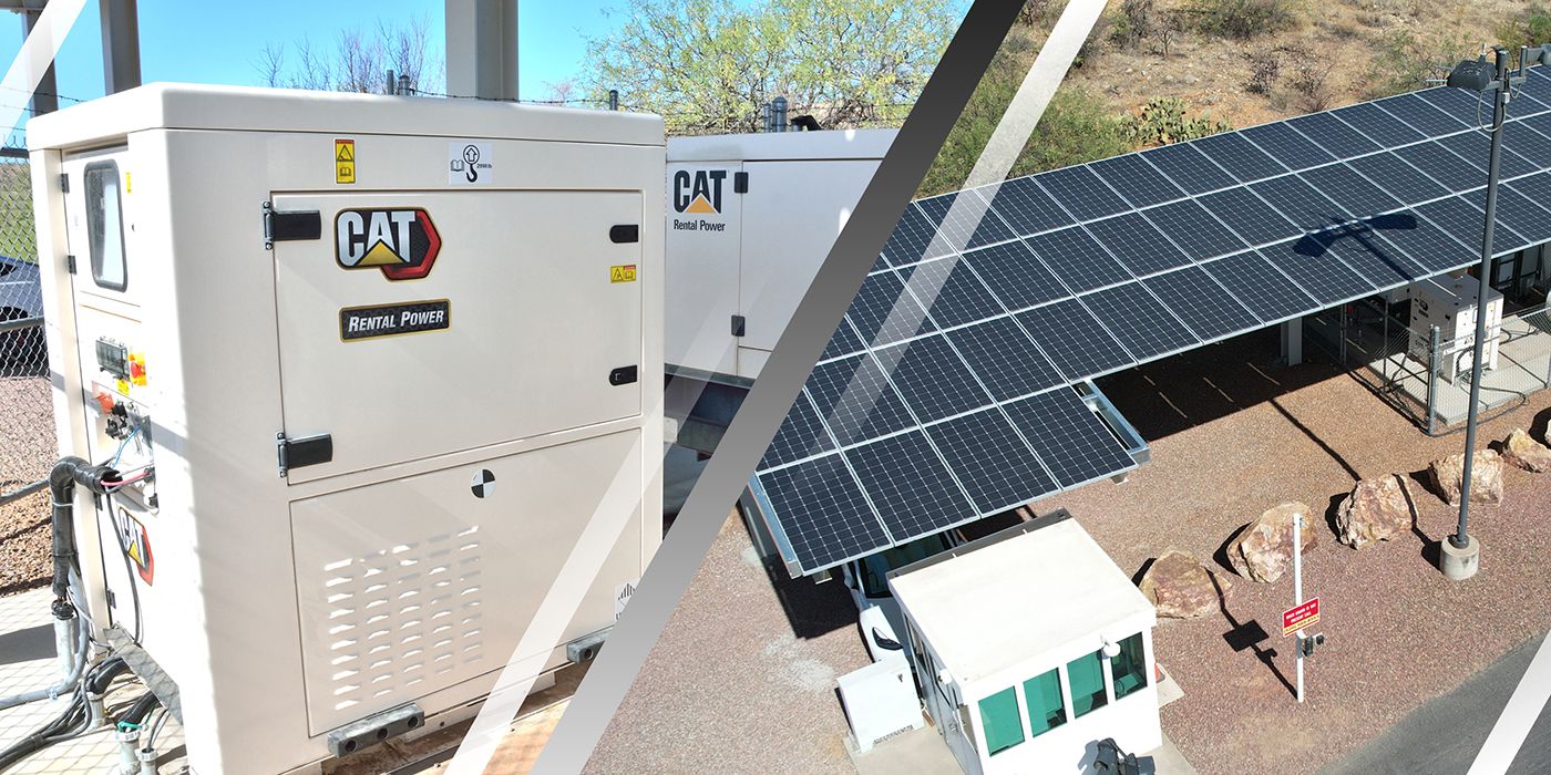 Three-part image showing Cat energy storage products and Tucson Proving Ground gatehouse