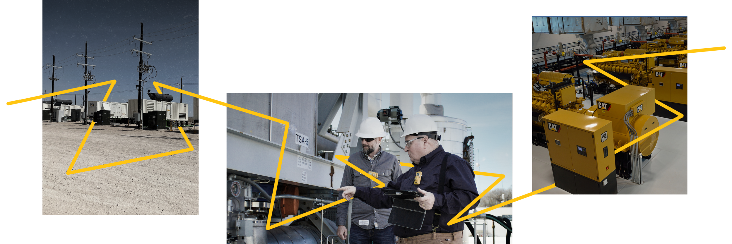 3 images of gas power generators and technicians connected by a yellow lightning bolt